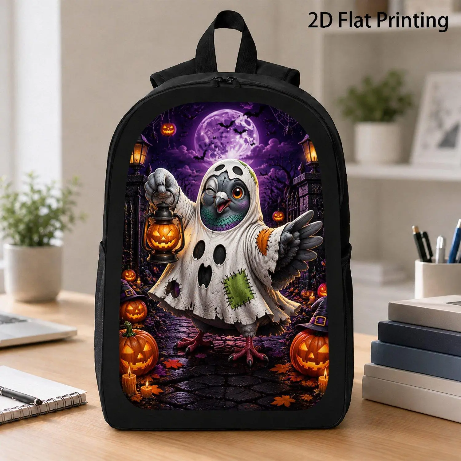17 Inch Backpack 1pc Pigeon Holding Pumpkin Lantern Halloween Ghost Costume Graphic Backpack Stylish Spooky Season Design School Travel Daily Use Bag