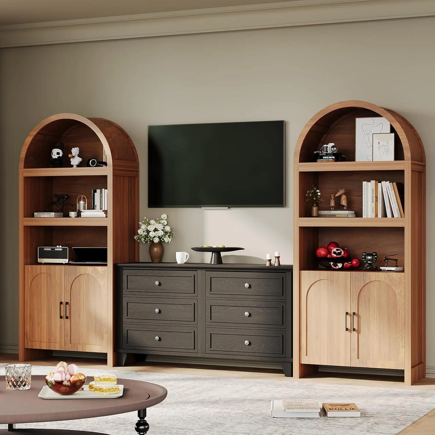 Gaomon Mid-Century Arch Wooden Bookshelf Cabinet - 71in Tall 5-Tier Storage System with Doors, Open Display Shelves, Adjustable Shelf, Reinforced Wood, Tool-Free Setup, 300lbs Max Capacity for Living Room, Office