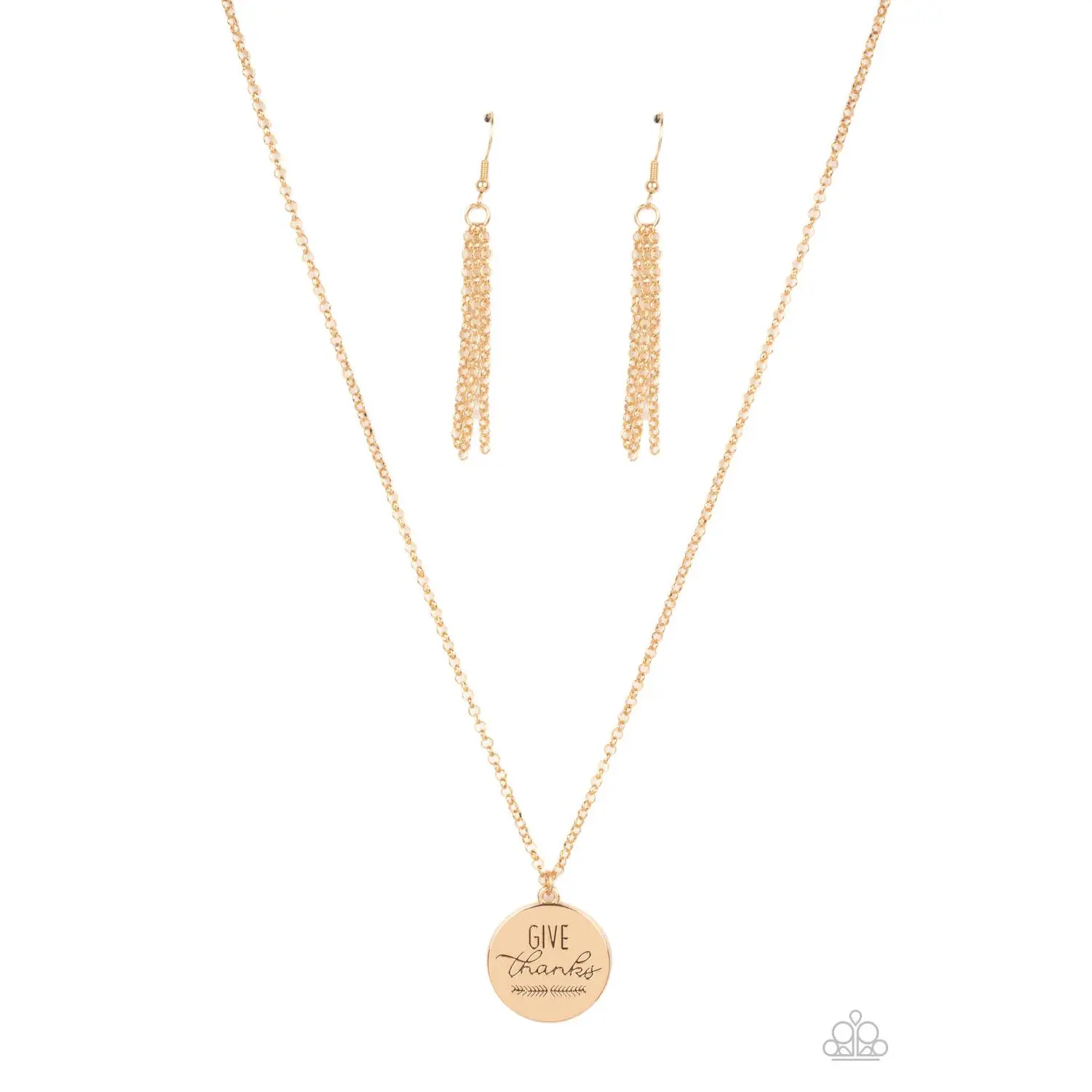Women's "Give Thanks" 2-Piece Shimmering Gold Female Costume Jewelry Set - Circle Pendant Chain, Feathery Accent Dangle Earrings for Casual Everyday Wear