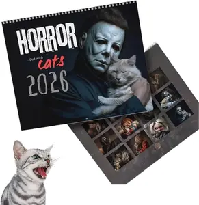 2026 Halloween Horror Movie & Cats Wall Calendar, Halloween Horror Wall Calendar, Spooky Cat Calendar Spiral Bound 12 Monthly Calendar for Home Decor
