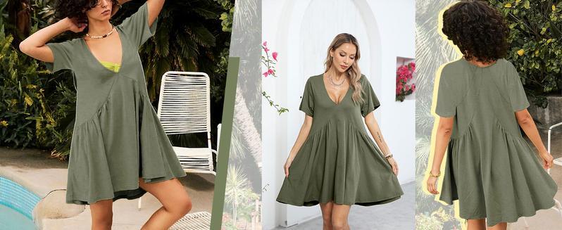 Mundoven Womenswear Summer Mini Dress Casual Shortsleeve basic Loose V Neck Swing beach Sundress with Pocket