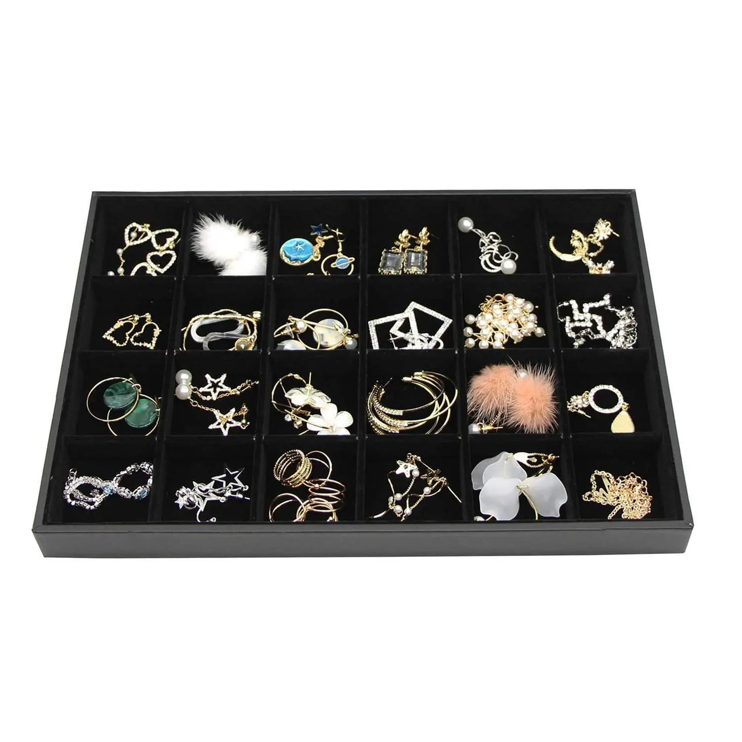 Black Stackable 24 Grid Tray Showcase Display Organizer Holder Dividers For Teen Stud Drop Earring  Watch Bead Trinket Storage Adjustable Box Case Dish College Dorm Woman Drawer