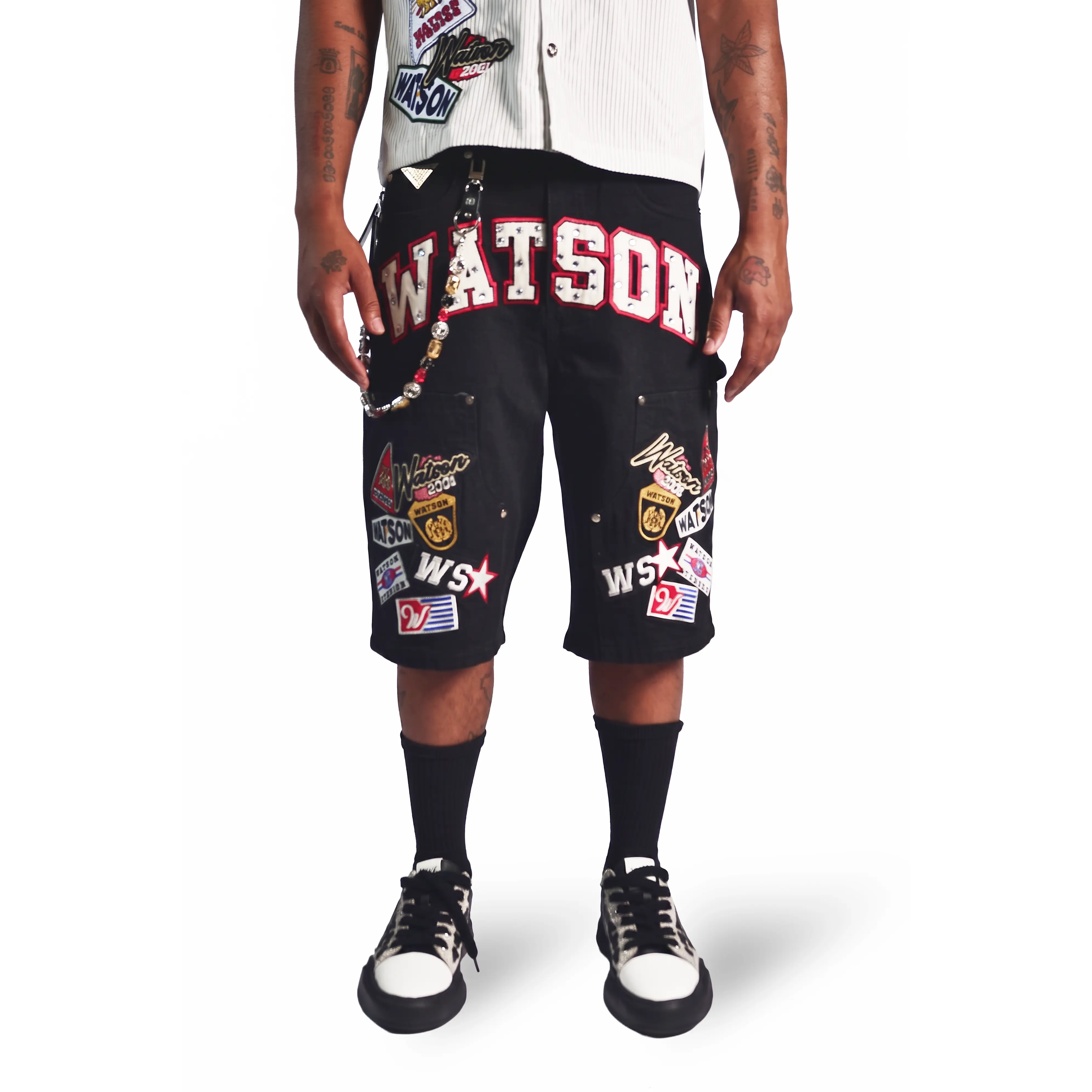 WATSON MULTI PATCH BLACK DENIM SHORTS