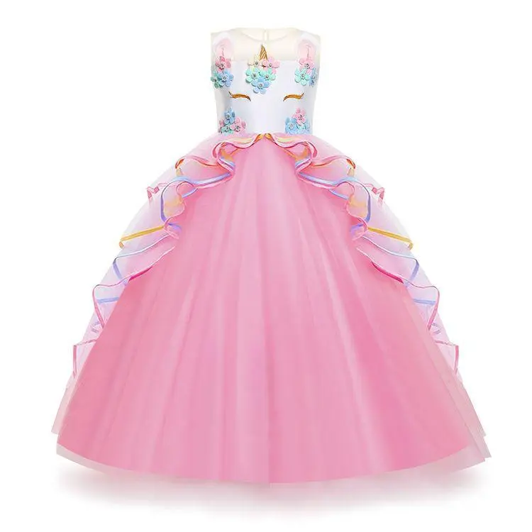 Unicorn Princess Ball Gown |   Girls' Sparkling Tulle Floor-Length Dress |   6-14 Years Magical Birthday/Wedding/Pageant Attire 2024 Tutu Costumes Frill Trim Bow Party
