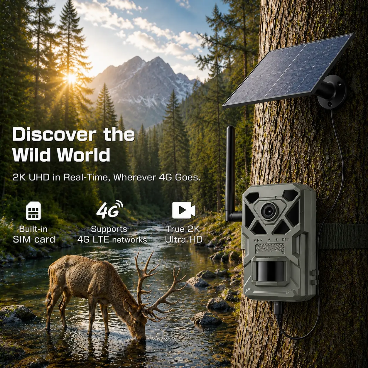 2K HD Cellular Trail Cameras-Solar Powered Hunting Camera with Live Streaming, Game Camera Built-in SIM Card No WiFi Needed, WaterProof, 24MP Photos, 2K Videos| Motion Activated, Night Vision, Best Hunting Accessories, GPS