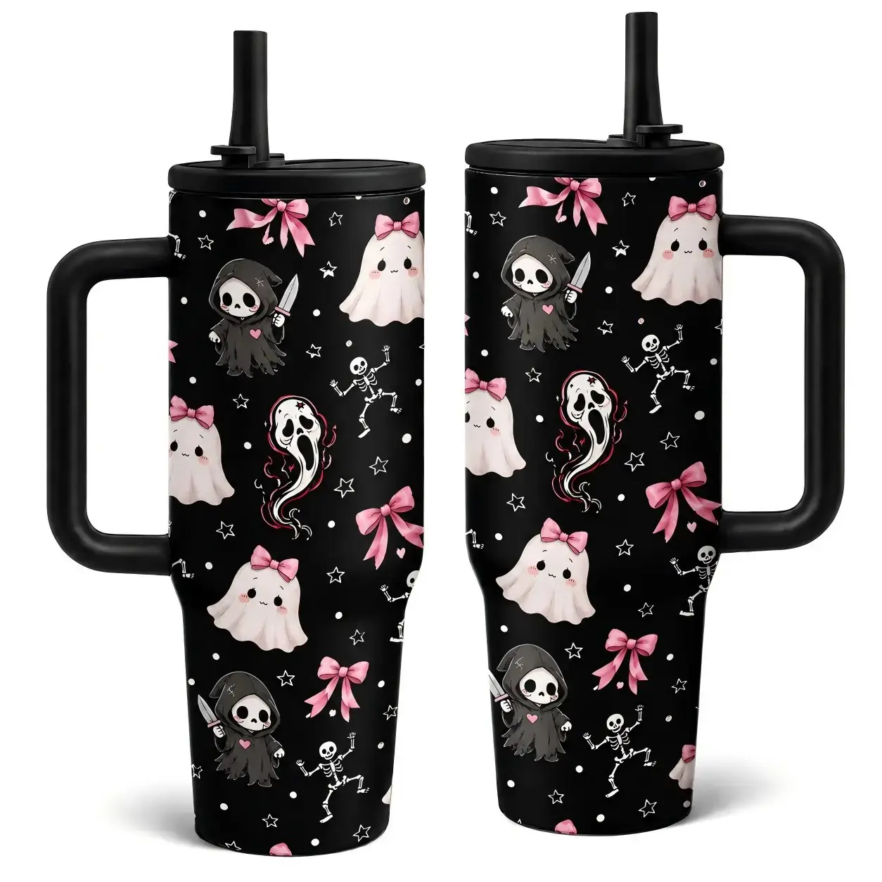 Halloween Spooky Tumbler with Handle, Cute Spooky Cartoon Pumpkin Insulated Coffee Cup, Stainless Steel Travel Mug with Lid, Collapsible Straw Tumbler, Halloween Gift for Friends Family