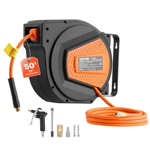 VEVOR Retractable Air Hose Reel, 1/4 Inchx 50 FT Hybrid Air Hose Max 300PSI, Enclosed Air-Compressor Hoses Reel Auto Rewind with 6.6 ft Lead in Blow Gun, 180 Swivel Ceiling/Wall Mount
