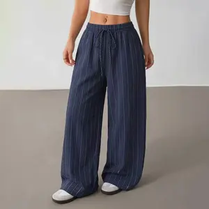 Women’s casual striped textured wide-leg pants with a drawstring elastic waistband—lightweight and breathable, versatile striped wide-leg pants that never go wrong, perfect for everyday wear, an essential for summer with super cooling comfort.