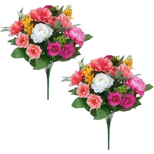 2Pcs Pink Artificial Flowers for Cemetery 21.6" Fake Hibiscus Flowers with Rose Spring Summer Flower Arrangements for Grave Cemetery Garden Wedding Table Home Memorial Day Indoor Outdoor Decor