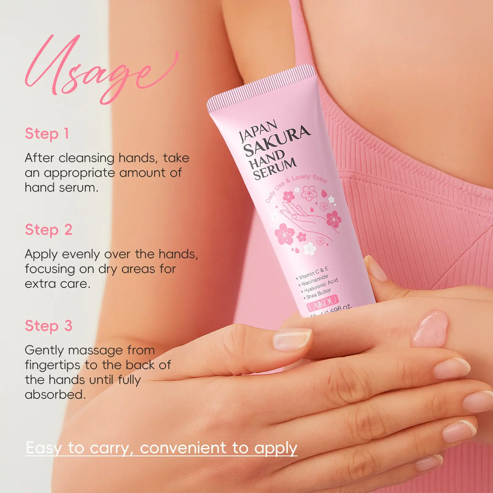 Sakura Hand Serum 50ml - Cherry Blossom Hand Treatment with Hydrating Moisturizing Essence - Quick Absorbing Non-Greasy - Portable Travel Size - Soft Nourished Hands - Hand Lotion