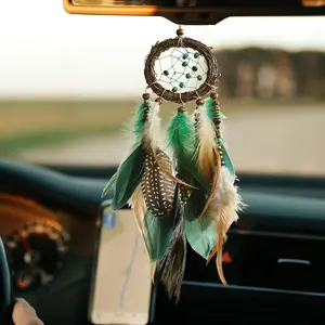 Handmade Small Green Mini Dream Catcher for Car Rear View Mirror Boho Car Charm Interior Native American Indian Ornament Room Decor