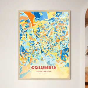 Colorful Columbia South Carolina Blue Orange Fine Art Print Usa City Map Customizable Poster Personalized Gift