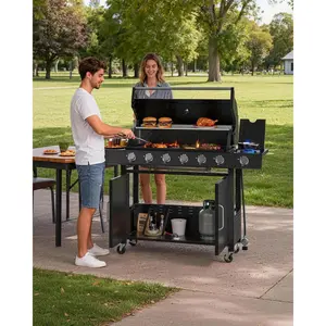 7-Burner Propane Gas Griddle - 60000 BTU (6×8000 BTU Main Burners, 12000 BTU Side Burner), Stainless Steel & Iron for Backyard, Camping & Tailgating