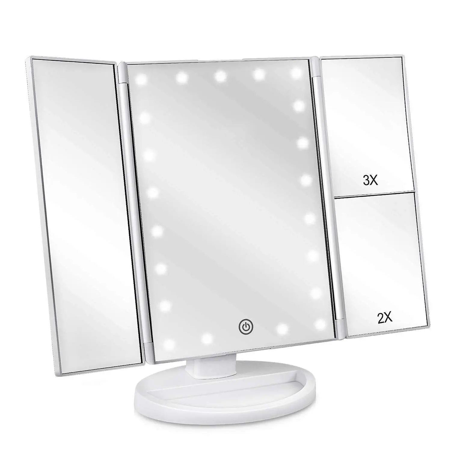deweisn Floor Mount Tri-Fold Lighted Vanity Mirror with 21 LED Lights, Touch Screen and 3X/2X/1X Magnification, Two Power Supply Modes Make Up Mirror,Travel Mirror White