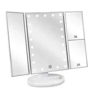 deweisn Floor Mount Tri-Fold Lighted Vanity Mirror with 21 LED Lights, Touch Screen and 3X/2X/1X Magnification, Two Power Supply Modes Make Up Mirror,Travel Mirror White