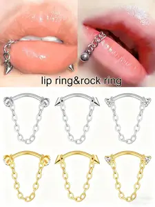 Lip Rings Snake Bite Stainless Steel, 16g Eyebrow Rings Tragus Helix Rook Jewelry, Cz Cartilage Earrings, Silver Color 3cm Chain