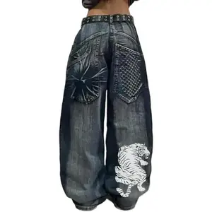 Dark Wash Tiger Back Print Jeans Y2K Baggy Denim Pants Unisex Gothic Streetwear, Graphic, Casual
