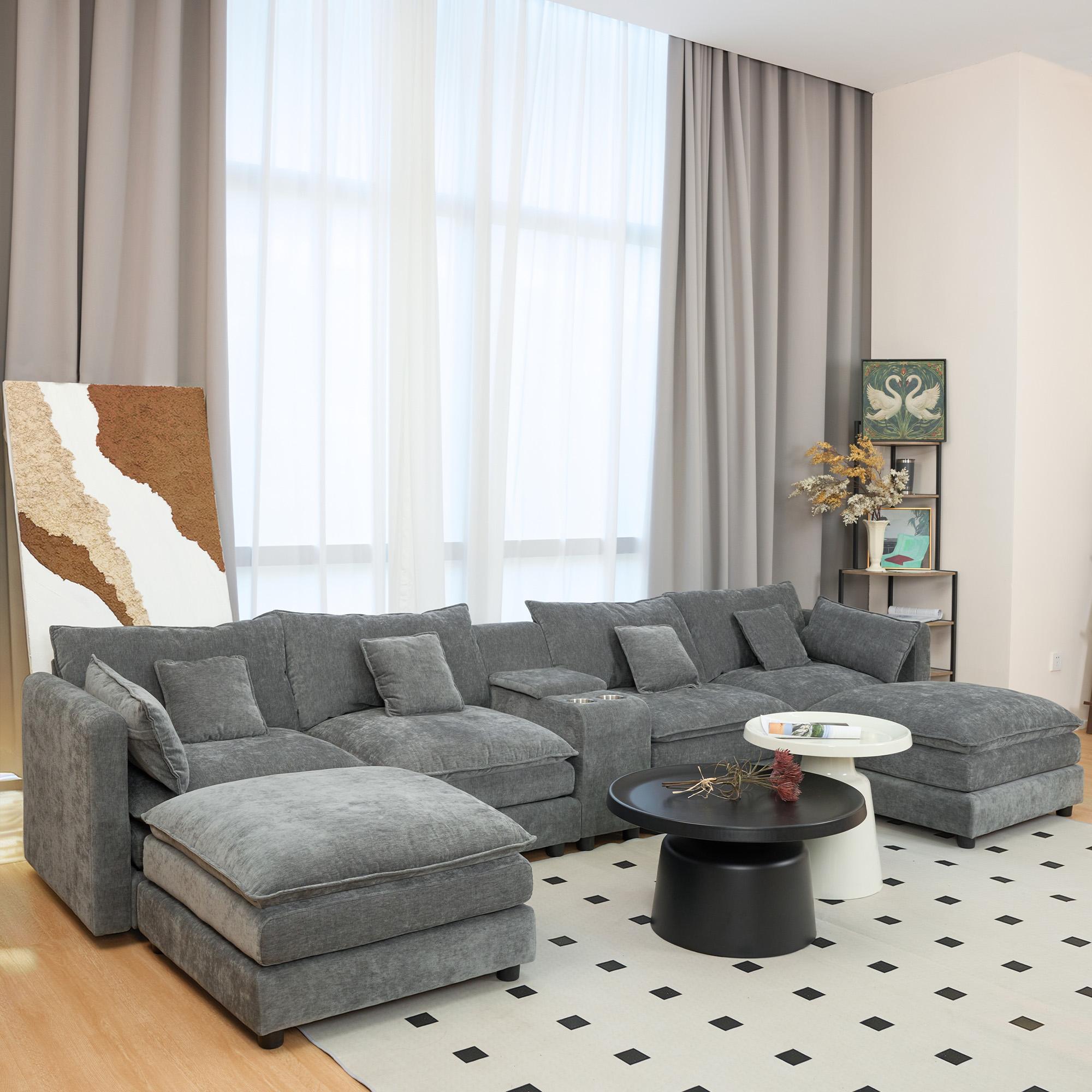 Niccae 6-Seater Contemporary Sectional Chenille Fluffy Sofa - Modular Boneless Sectional Couch with Storage, Cup Holders, Guest Bed, Modern Sofas Couches for Apartment Indoor Living Rooms (4-Package Delivery)