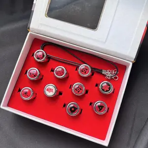 Naruto Akatsuki Sharingan & Symbol Metal Rings Set with Black Necklace Cord, 10Pcs Fixed-Size Cosplay Jewelry (Itachi Pain), Collectible Gift Box, Perfect Anime Fan Gift
