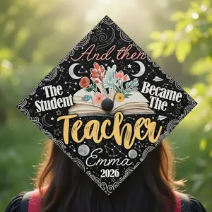Floral Book Grad Cap Decoration, Future Teacher Gift, Personalized Graduation Topper 2026, Custom "Student Became The Teacher" Grad Cap
