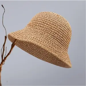 Women Summer Straw Bucket Hat Handmade Breathable UV Protection Beach Sun Hat Lightweight Outdoor Travel Cap
