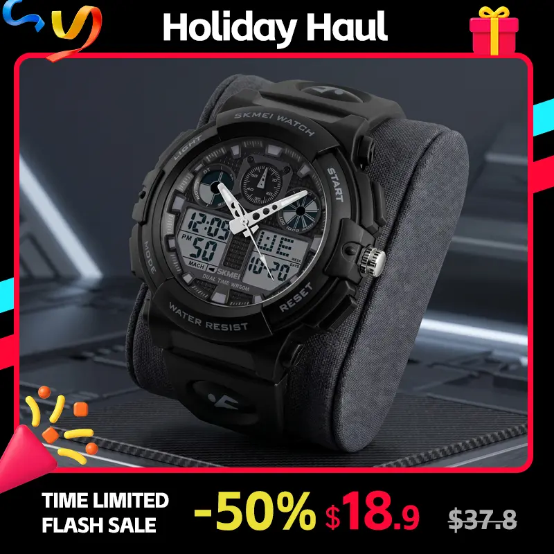 SKMEI Men's Stylish Quartz Digital Watch, Round ABS Sport Watch with Analog-Digital Dual Display, Stopwatch, Alarm, Date, EL Backlight, PU Leather Band, 5ATM Water Resistant Rugged Multifunction Wristwatch for Sport & Daily Wear