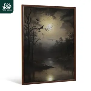 Gothic Style Wooden Painting Hanging Sign Decor, 1 Count Old Trees & Dim Crows & Small Streams Pattern Decoration, Wall Art Decoration for Home Farmhouse Living Room Bedroom Studio