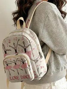 1 piece of ballet dancer 'LOVEDANCE' 2D printed lady's backpack, corduroy texture + layered storage + light weight reduction | perfect for students to go to class/shopping/short trips | combination of atmosphere and practicality