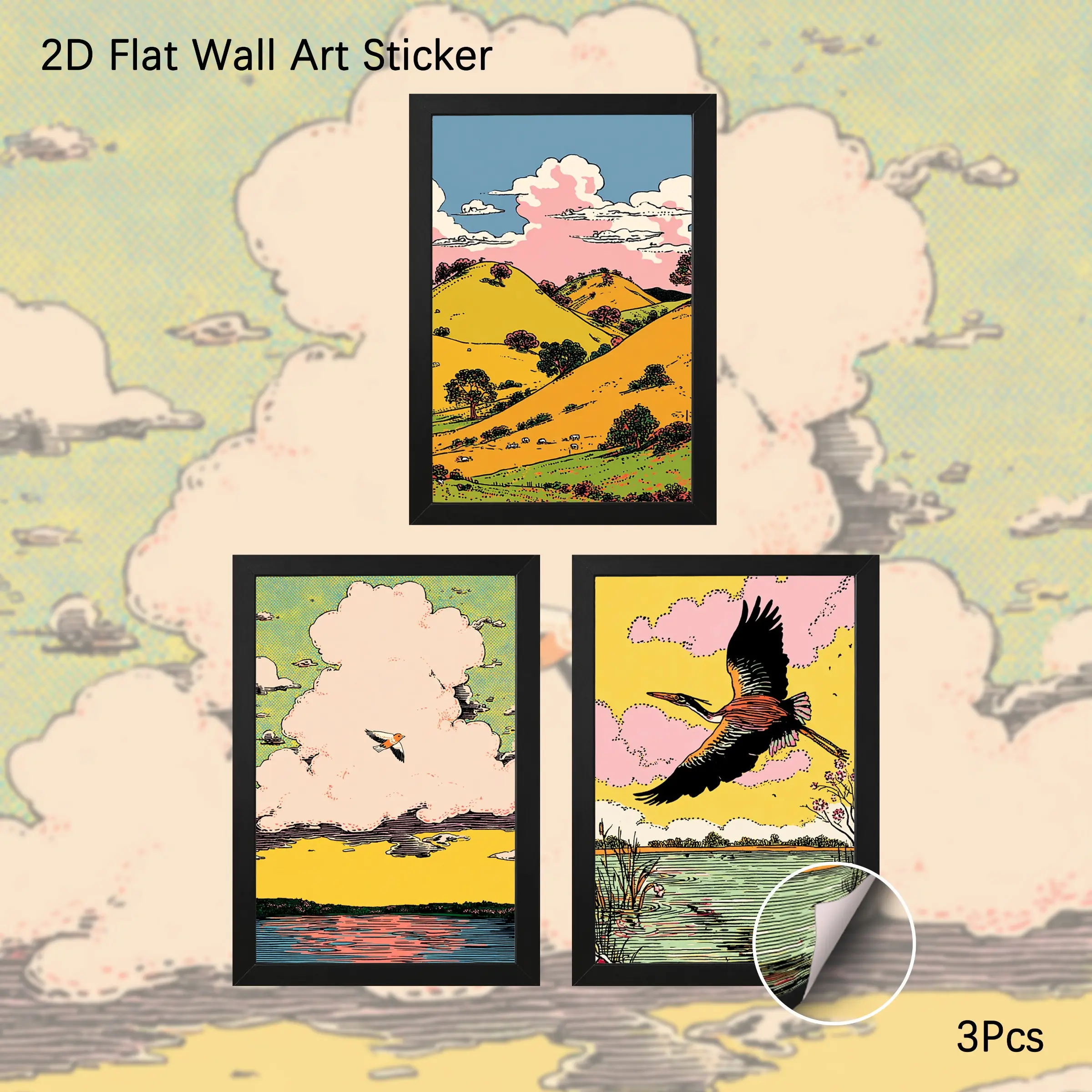 2D Flat Wall Art Sticker, 3Pcs PVC Self-Adhesive Framed Wallpaper, Retro Comic Style Pastoral Landscape Flying Heron Bird Wall Art, Whimsical Nature Decor for Home, Living Room, Gift for Nature Lovers, Cottagecore Wall Decals