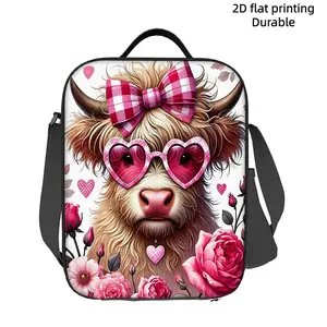 Cute Cow-Patterned Insulated Lunch Bag—Adorned with a Pink Bow and Heart-Shaped Glasses—Features a Shoulder Strap, Reusable, and Portable Design; Ideal for School, the Office, and Picnics | A Perfect Gift