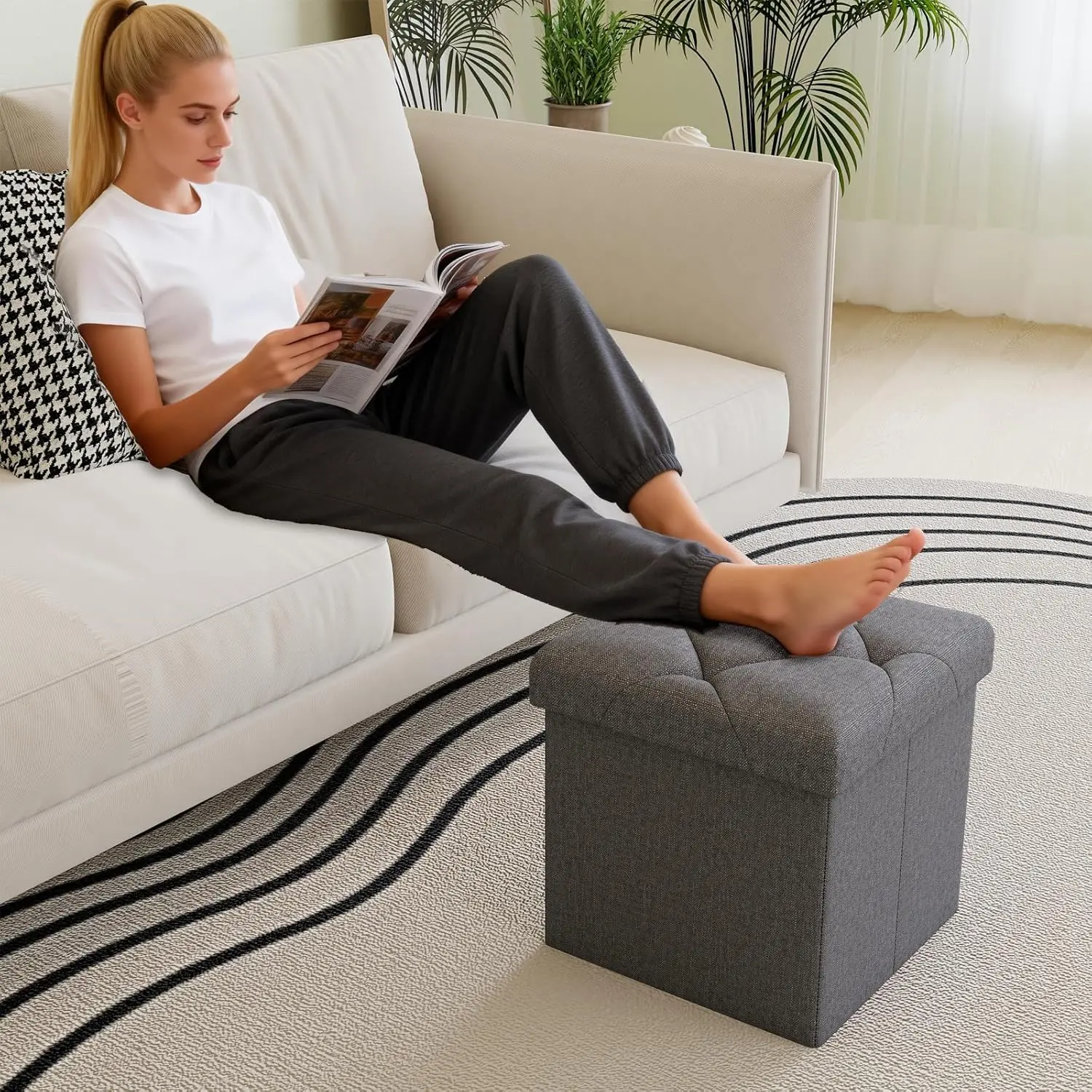 15-Inch Fully Assembled Folding Backless Linen Padded Storage Ottoman Cube - 400LBS Load, Thick Sponge Padding, Breathable Linen Fabric, Compact Short Classic Footstool for Living Room, Clothes Toy Organizer