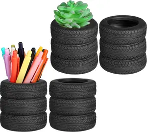 4 Pcs Tire Shaped Pen Holder Car Tire Planter Holder for Men Mechanic Gift Desk Office Home School Accessories Decor Christmas Novelty Funny Supplies Cactus Succulent Planter Pot