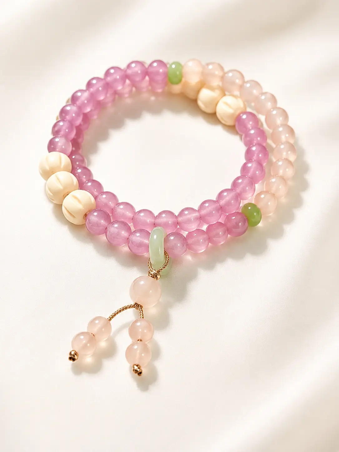 Rose Double Wrap Bracelet for Women, Pink Beaded Layered Bracelet with Cat’s Eye Shine, Elegant Charm Bracelet for Daily Wear & Gift