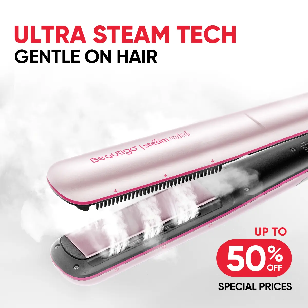 BEAUTIGO Steam Pro Smoothing Hair Flat Iron with Moisturizing Steam & Ceramic Plates for Thick, Curly Textures & Anti-Frizz Control, Rose Gold, Smoothing Straightener, Straightening