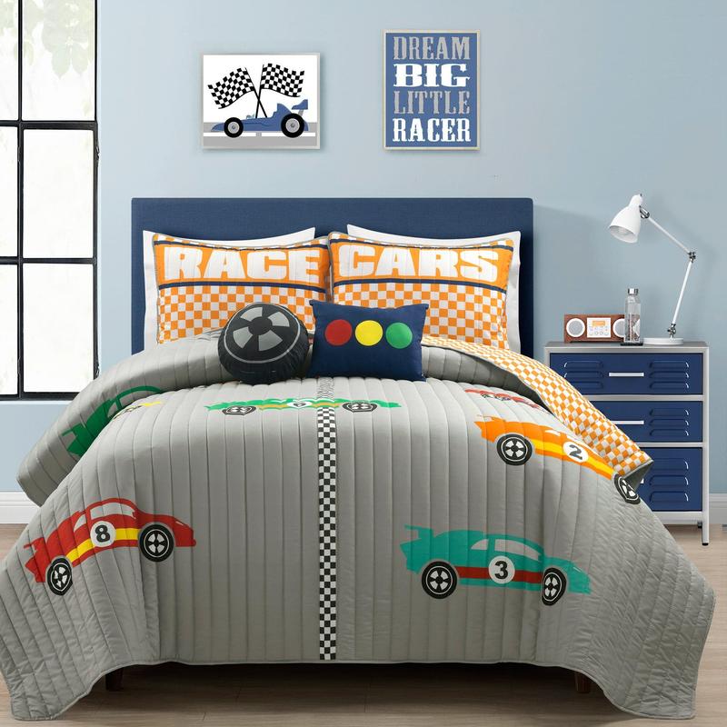 Lush Decor Racing Cars Quilt Set 4Pc or 5Pc - Microfibre Cartoon Pattern Blanket - Twin/Full/Queen Sizes with Reversible Shams & Decorative Pillows - OEKO-TEX Certified