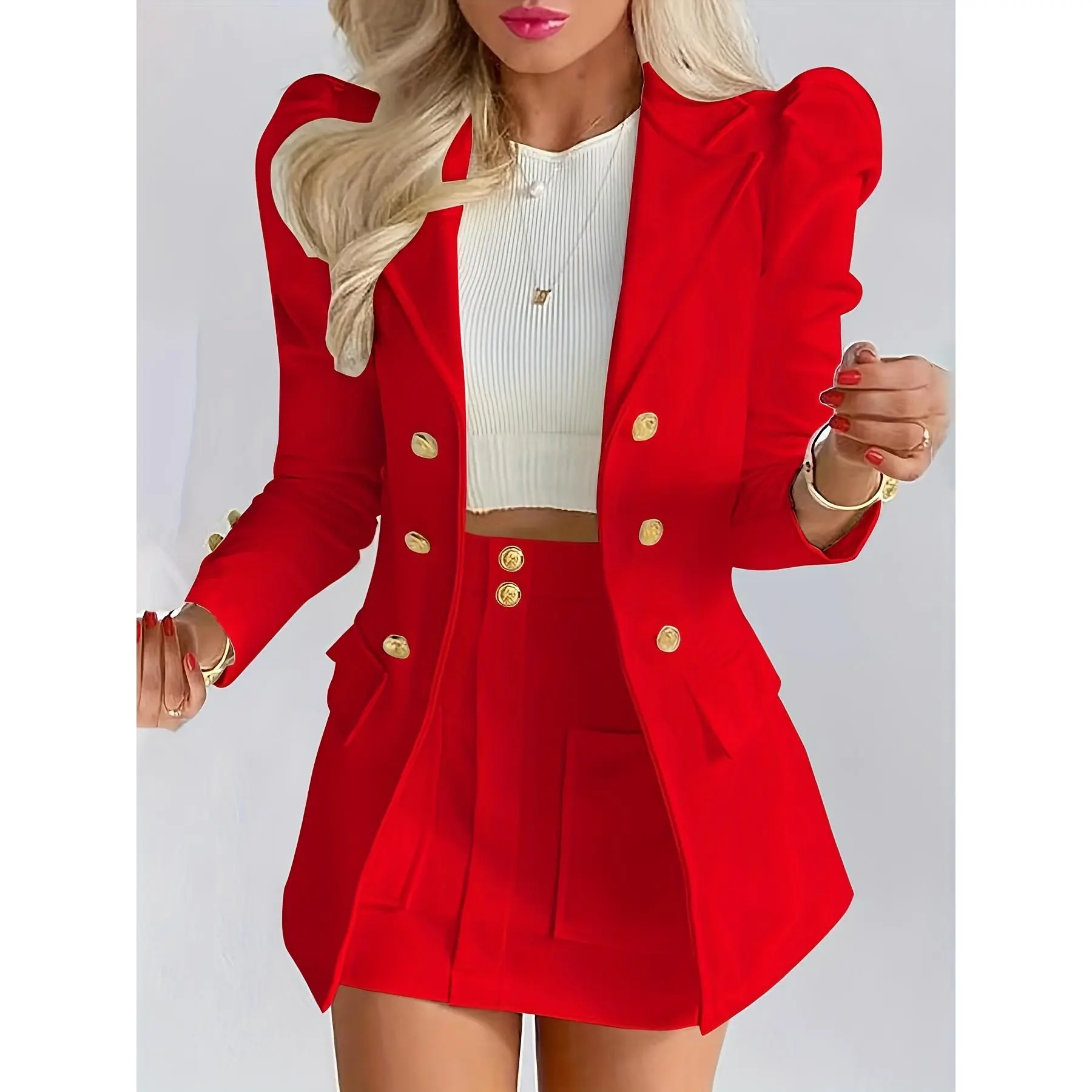 Women'S Elegant White Blazer & Skirt Set ,Long Sleeve Button-Up with Golden Accents, High-Waisted Mini Skirt, Perfect for Office or Formal Events, Office Attire ,corporate girl fired office siren outfit, Sophisticated Style ,Structured Blazer