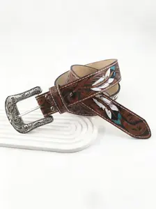 New American Maillard Color Western Cowboy Style Feather Element Minimalist All-Season Belt, Elegant Belt Buckle, PU Leather Hook Buckle, Casual Fashion Accessory, Pu Leather Belts