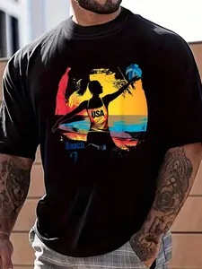 100% Cotton USA Summer Beach Volleyball Colorful Sports Graphic T-Shirt Women's Men's Graphic Tee Crew Neck summer vacation Tops