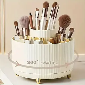 360° Rotating Makeup Organizer – 5 Compartments, Plastic Cosmetic Storage for Brushes, Lipsticks, and Stationery, Light Beige