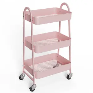 3 Tier Metal Storage Utility Cart with Wheels - Kitchen Storage Trolley, Rolling Bathroom, Casters for Narrow Spaces, Ideal for Bedside Use