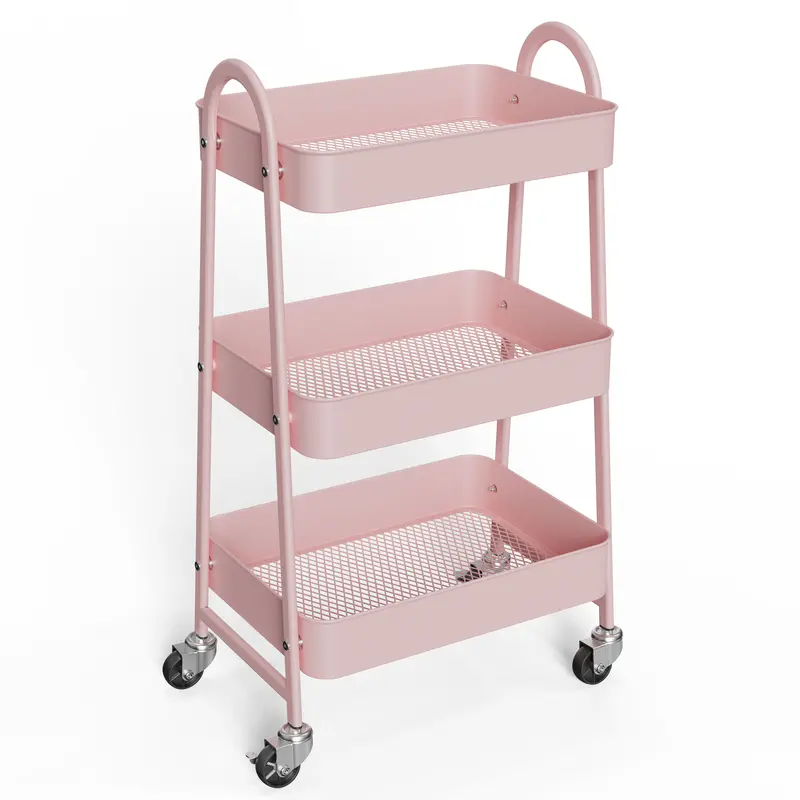 3 Tier Metal Storage Utility Cart with Wheels - Kitchen Storage Trolley, Rolling Bathroom, Casters for Narrow Spaces, Ideal for Bedside Use