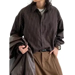 Men's Vintage Striped Long Sleeve Shirt - Casual Loose Fit with Chest Pockets, Brown & White Vertical Stripes Classic Fabric