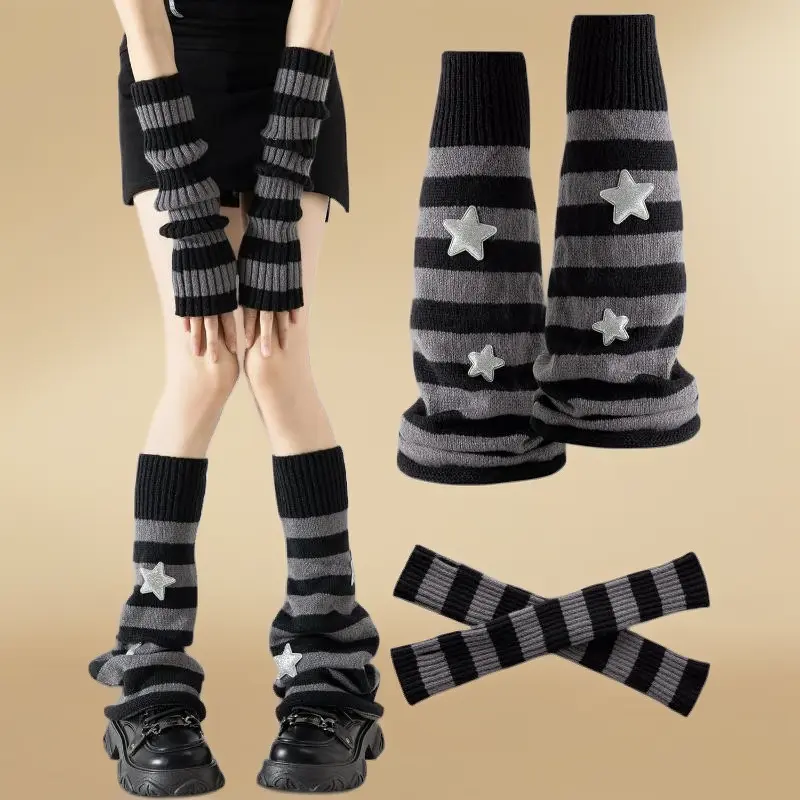 Black White Pink Y2K Knitted Arm & Leg Warmers Set – Kawaii Lolita Goth Harajuku Grunge Streetwear, Stretchy Ribbed Sleeves for Cosplay Dance, Cute Goth Accessories for Women