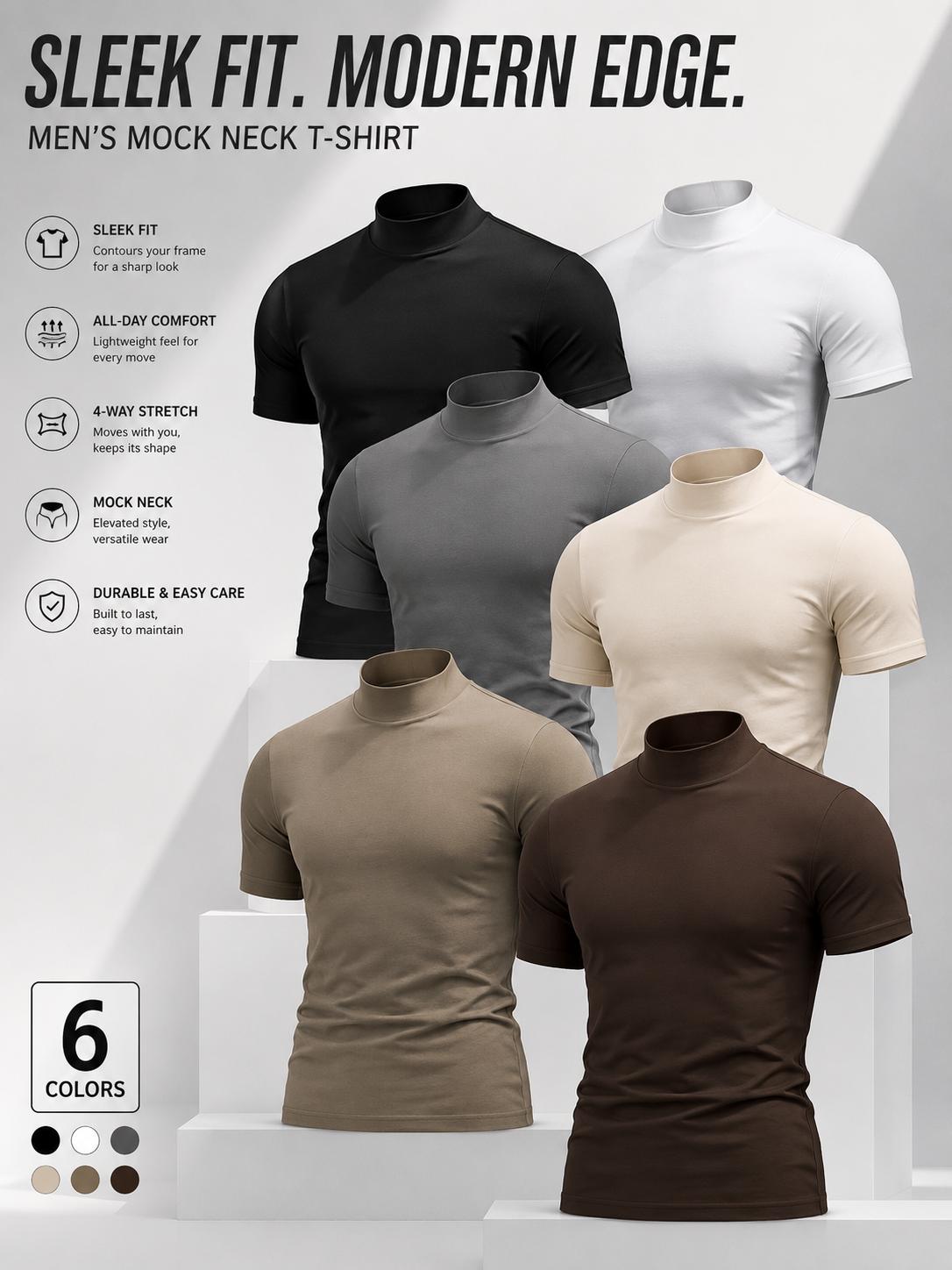 Men’s Mock Neck Short Sleeve T Shirt, Slim Fit Fitted Muscle Tee, Body Contour Base Layer Top for Gym Training, Summer Casual and Daily Wear