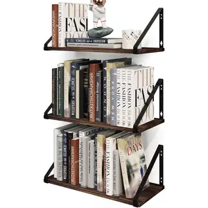 Floating Shelves Rustic Wood Wall Shelf, Small Bookshelf for Living Room, Office, Bedroom, with Metal Bracket