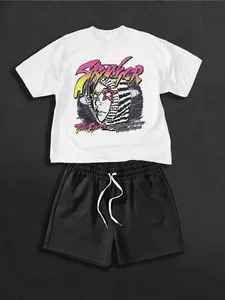 Cute Halloween Bat Print Short Sleeve and Shorts Set - Lightweight