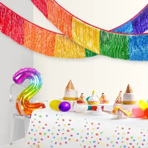 Rainbow Foil Fringe Garland Party Decorations, 6  Rainbow Tinsel Metallic Glitter Banner,  Table Skirts for Birthday Wedding Christmas Pride Month Parade Floats Unicorn Decor