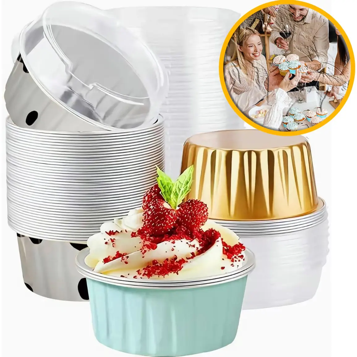 5oz Mini Foil Ramekins with Lids, 50PCS Disposable Baking Cups Home Baking Supplies Bakery Supplies Essential Bakeware Perfect for Cupcake, Flan & Wedding Party Dessert Making Baking Supplies