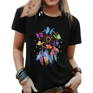 Butterfly Pattern Casual T-Shirt Women's Crew Neck Short Sleeve Regular Version Black Elegant Everyday Outfit Tops