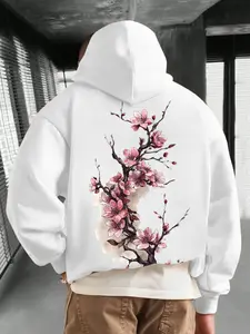 New Men's Homewear Tokyo Cherry Blossom Pattern Hoodie, Spring Fall Loose Casual Long Sleeve Pullover with Pockets, Fashionable Daily Wear Top
